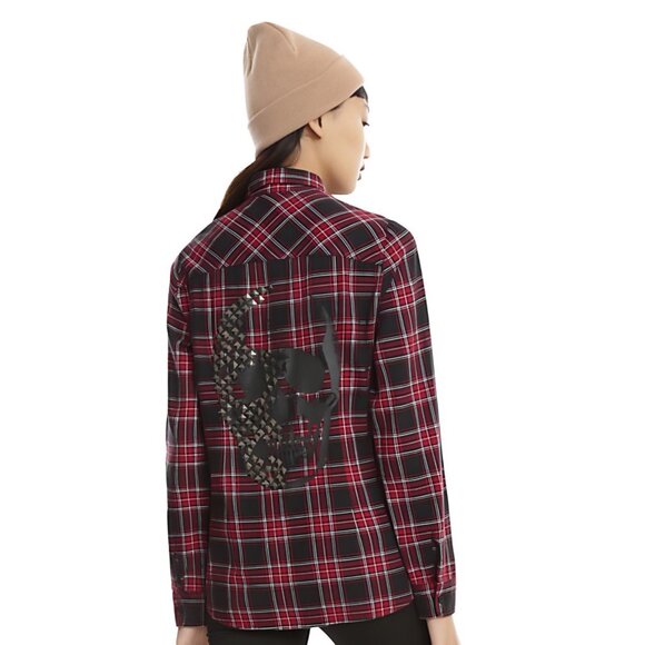 Hot Topic ✦ Red & Black Plaid Skull Button-Up Shirt ✦ Studded Back Graphic NWT S - Picture 2 of 4